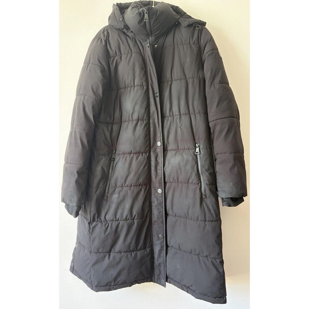 DKNY Long Black Hooded Puffer Coat Size Large Winter Parka Warm AS IS See Flaws